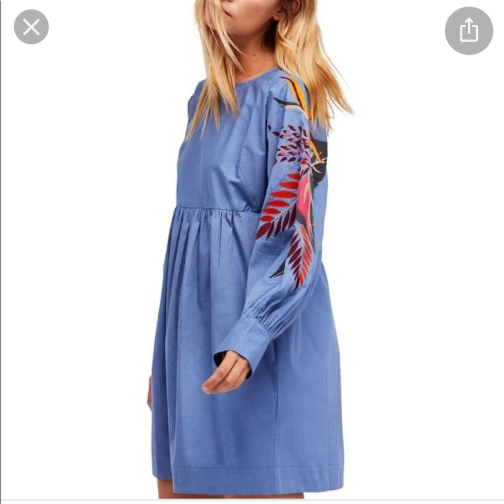 Free People Blue Dress with Red and Pink Embroidery